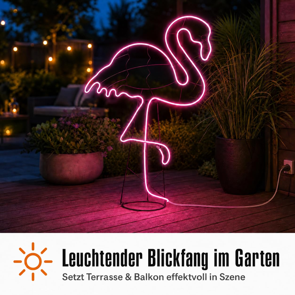 hellum Flamingo LED outdoor, Neon Flamingo mit 648 pinken LED, 115x77,5cm | XXL LED Flamingo mit 5m Zuleitung und Transformator, Flamingo Lampe outdoor mit pinkem Lichtschlauch für innen + außen 578393