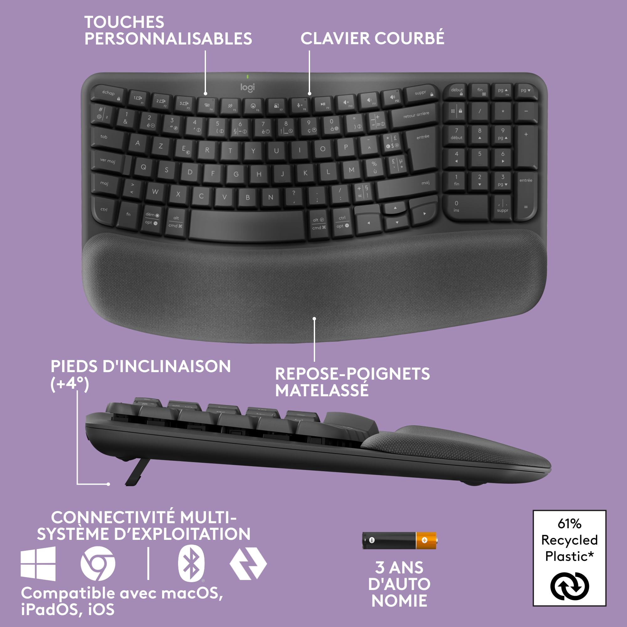 Logitech Wave Keys - Clavier Ergonomique sans Fil, Repose-Poignets rembourré, Frappe Naturelle econfortable, Easy-Switch, Bluetooth, récepteur Logi Bolt,Multi-SE,Windows/Mac, Français AZERTY-Graphite