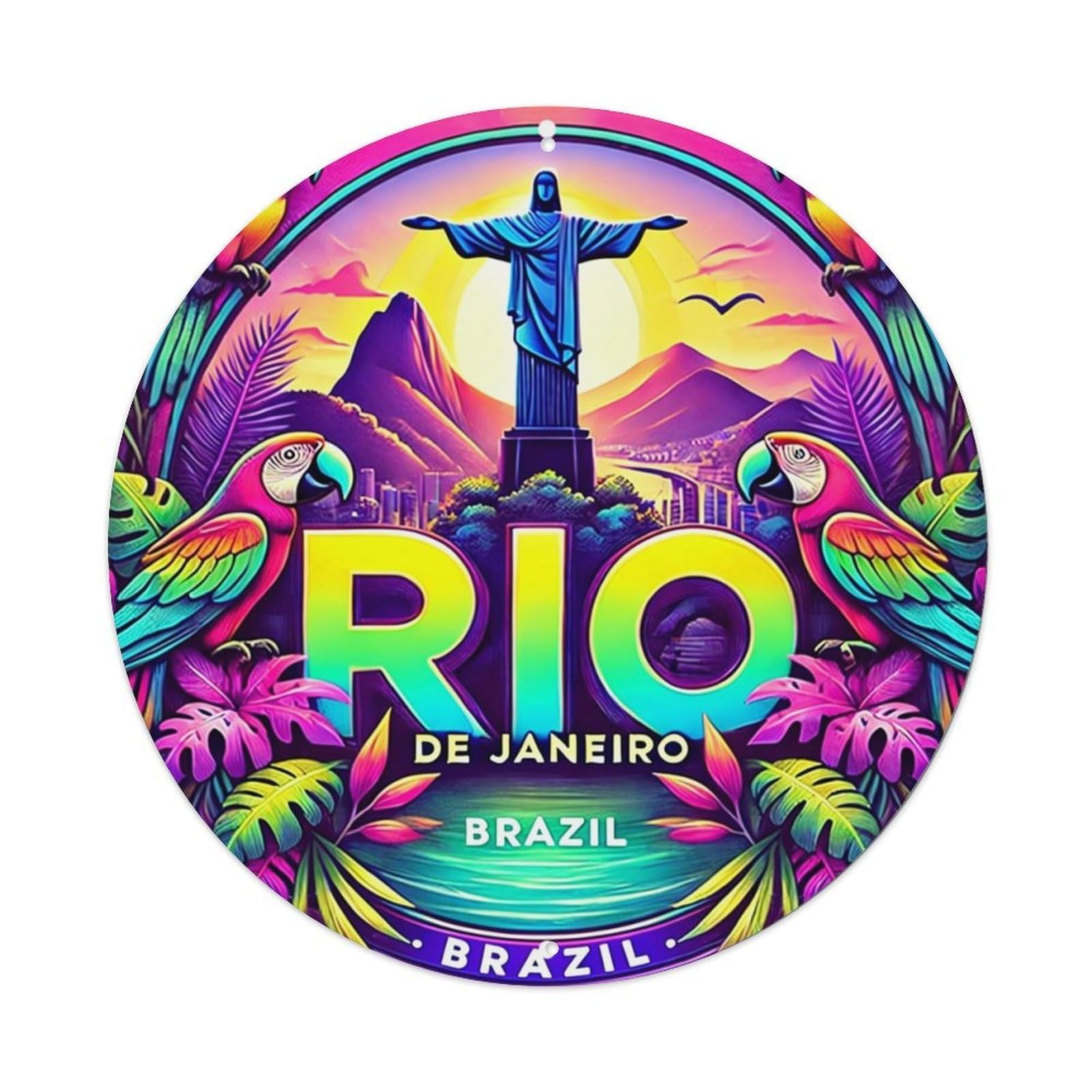 Rio De Janeiro Brazil Parrots Vintage Metal Tin Sign Retro Wall Decor for Home Bar Garage Cafe, Indoor & Outdoor Decorative，circle Metal Poster, 8x8 Inch