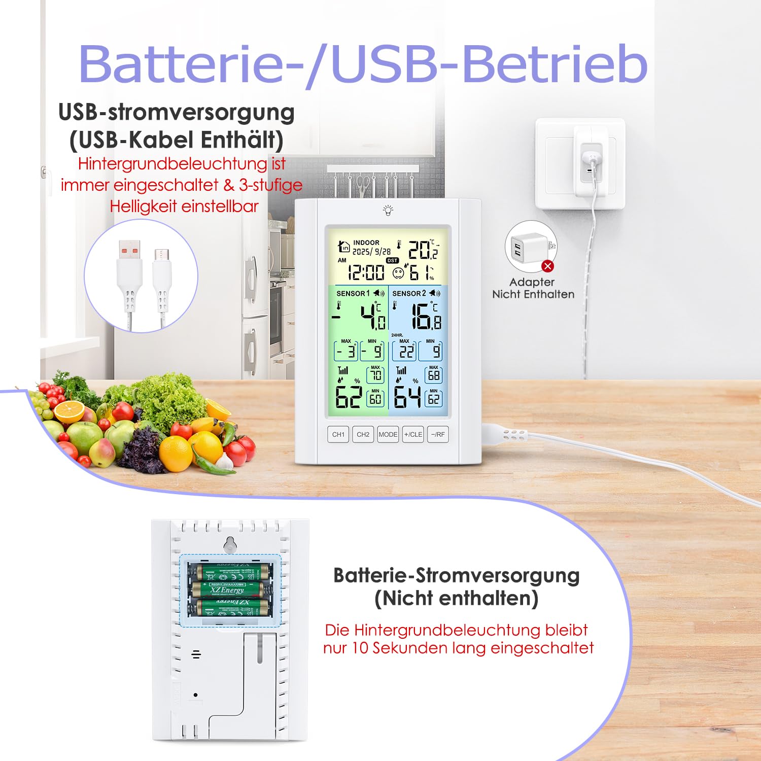 Termometro digitale per frigorifero, termometro per congelatore con 2 sensori, schermo a colori LCD con allarme, luce di fondo, max/min, calendario del tempo, DST, ℃/℉, modalità doppia