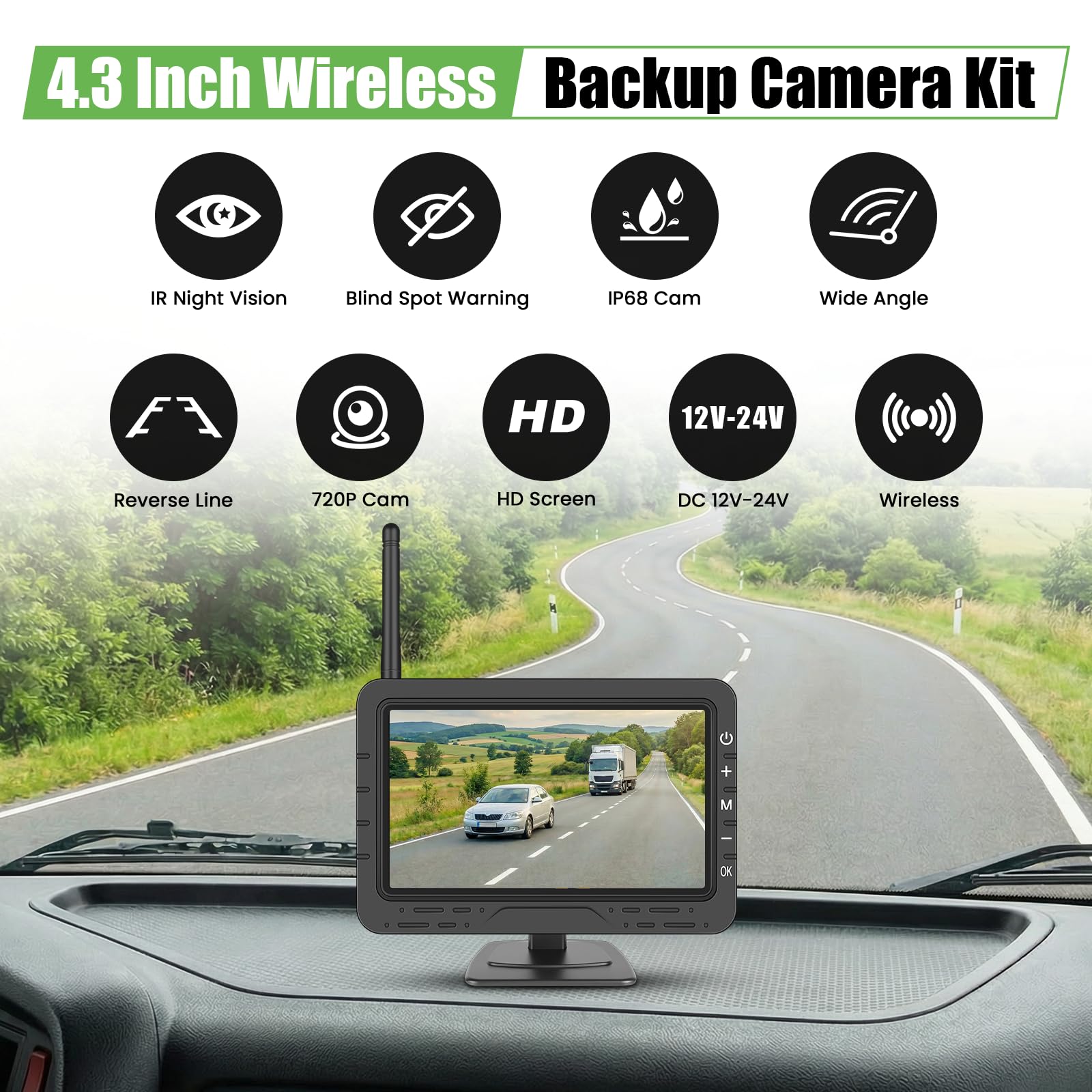 Telecamera di retromarcia wireless IP68 impermeabile con visione notturna, camera grandangolare con monitor display TN da 4,3 pollici, dispositivo di visione notturna ad alto rendimento