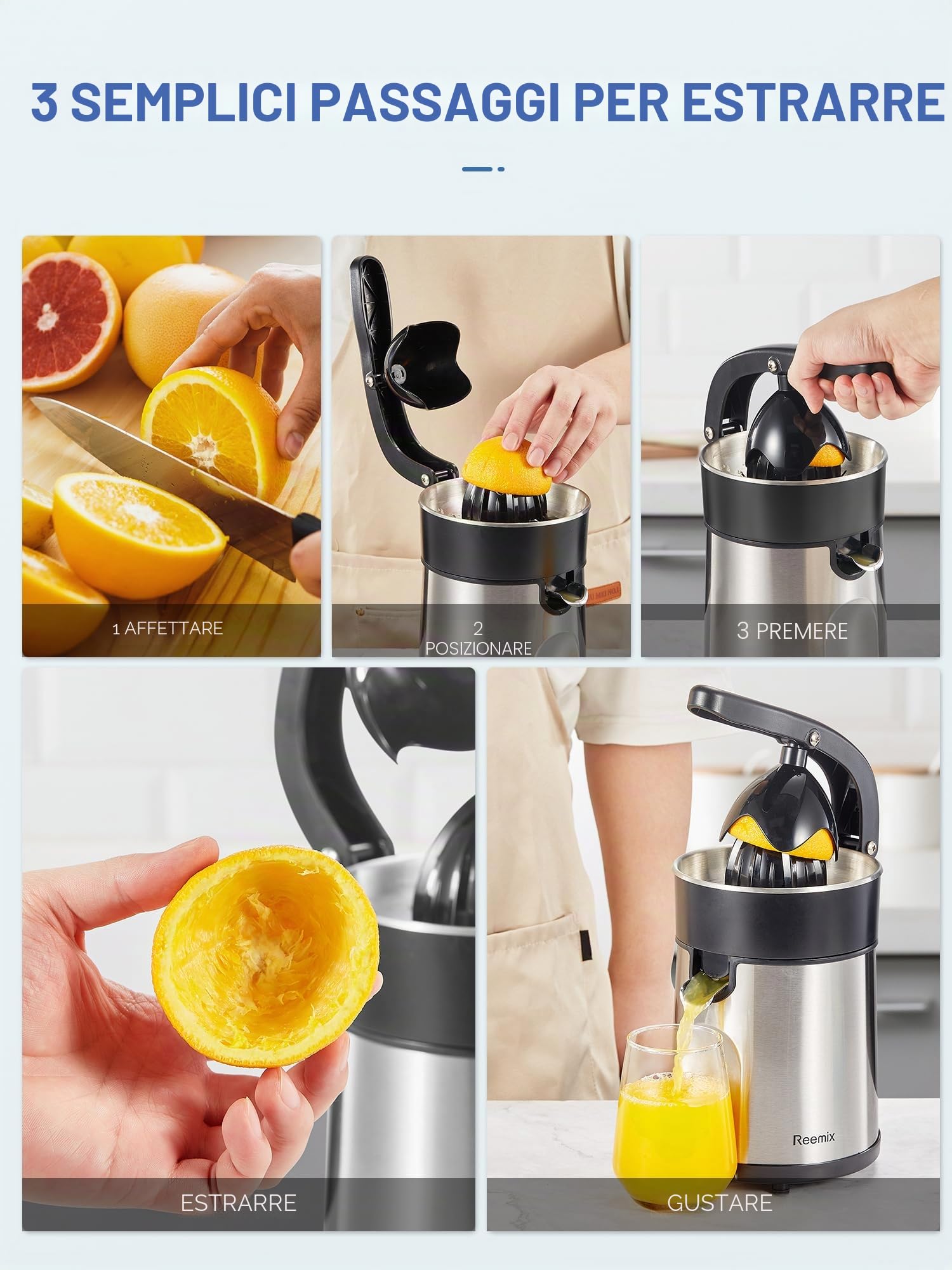 Spremiagrumi Elettrico, Reemix Spremiagrumi per Arance con Due Coni Intercambiabili, Adatto per Arance, Limoni e Pompelmi, Acciaio Inossidabile Spazzolato, Facile da Pulire e Utilizzare