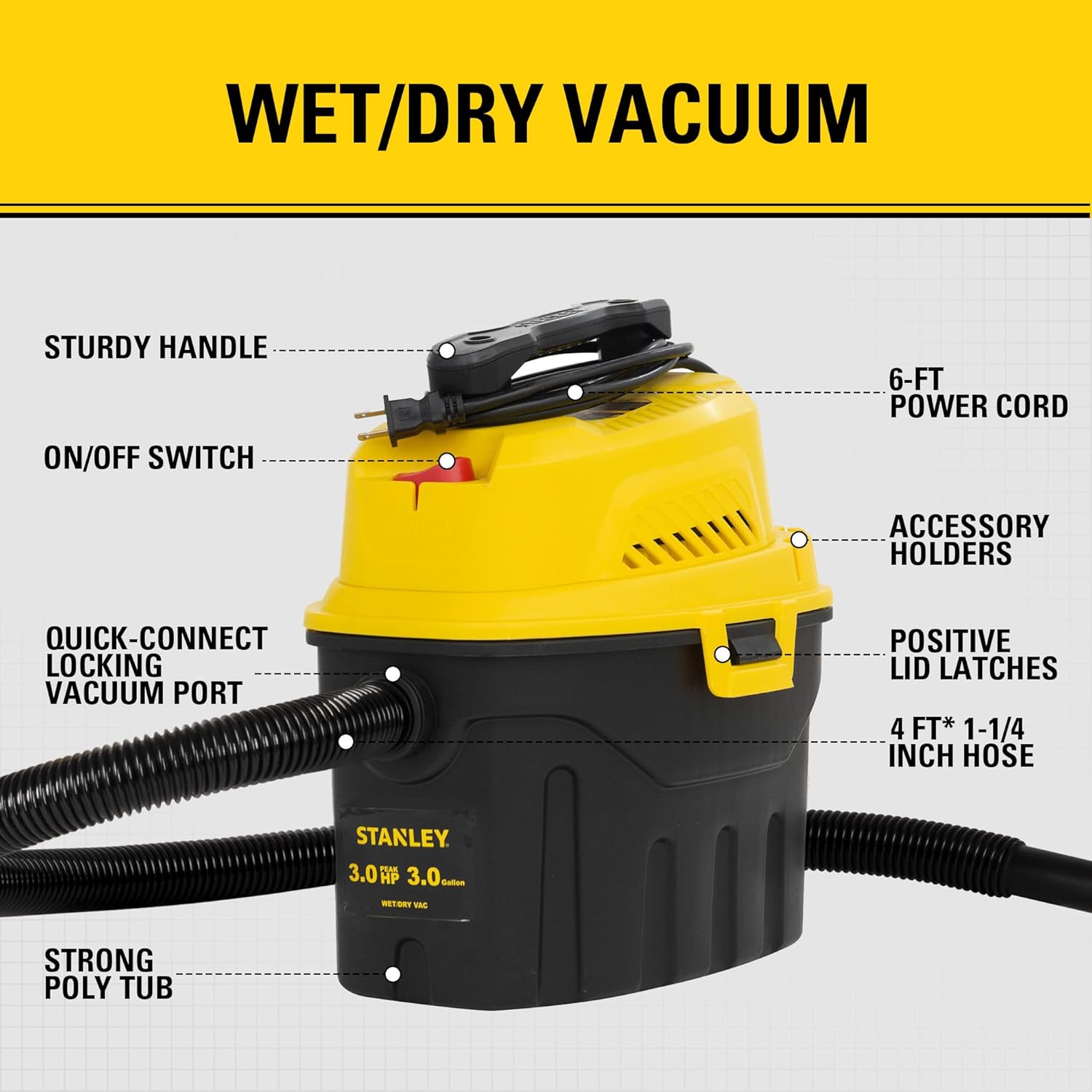 Stanley 3 Gallon Portable Shop Vacuum, 3 Peak HP Wet Dry Suction Vac,Multi-functional Crevice Nozzle with Retractable Hose Vacuum for Home, Car Detailing, Jobsite, Garage & Workshop SL18910P-3