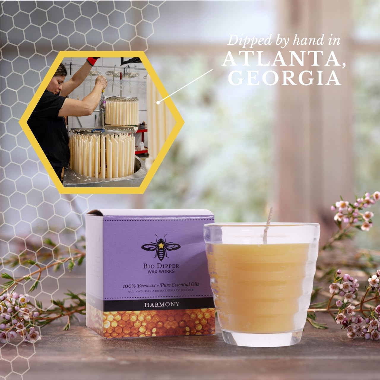 Big Dipper Wax Works Beeswax Aromatherapy Candle, Harmony - Pure Lavender Essential Oil, Beehive Glass, 100% Natural Beeswax & Soy Wax Blend, 25-Hour Clean Burn, Relaxation & Stress Relief, 2" x 2.5"