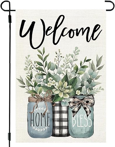 CROWNED BEAUTY Bandera de primavera para jardín, tarro de eucalipto Mason de 12 x 18 pulgadas, doble cara, pequeña, de temporada, decoración floral