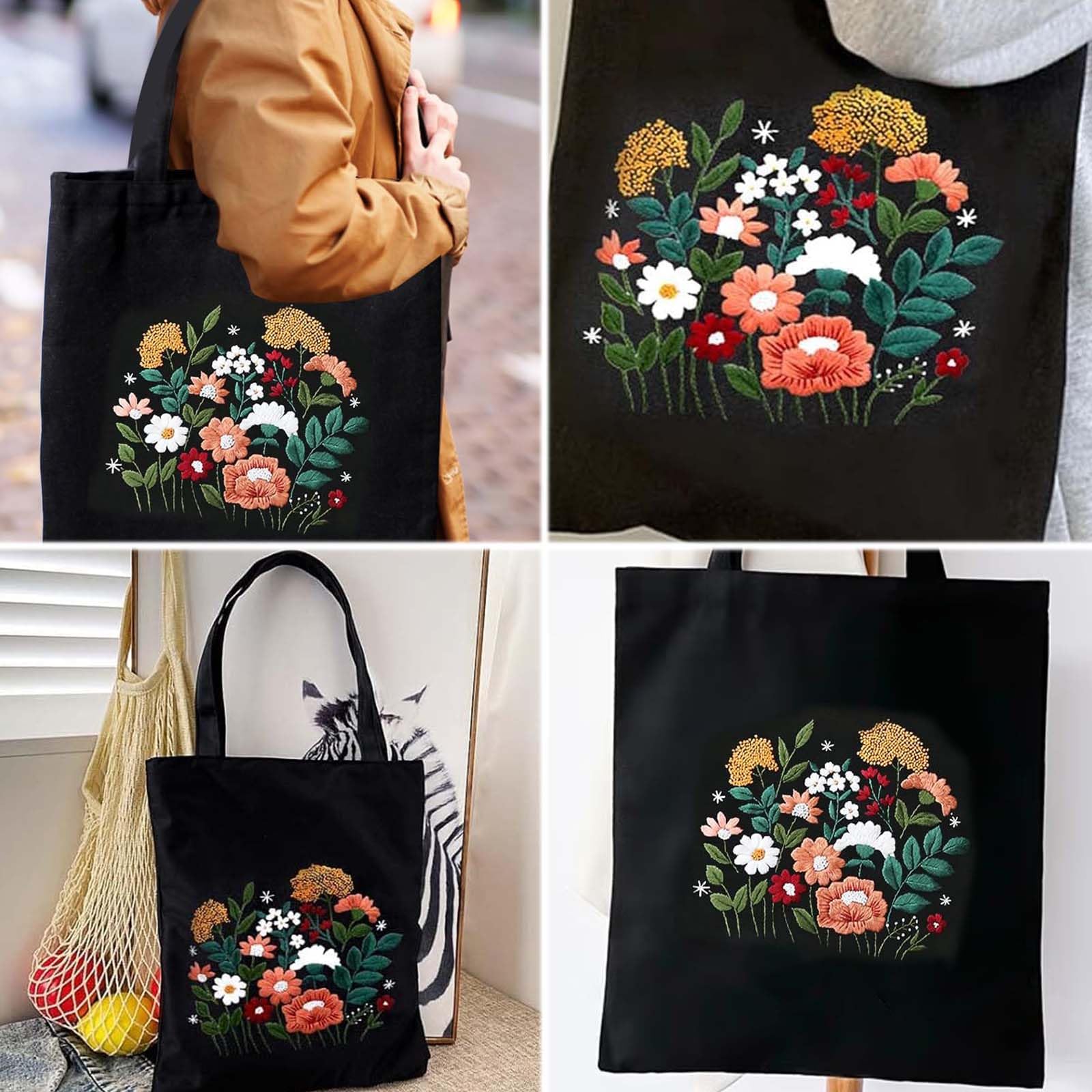 Kit De Broderie Pour Sac En Toile - 2 Pièces Avec Motif Floral, Cadre Et Sac De Transport Inclus - Idéal Débutants Kit Broderie Sac
