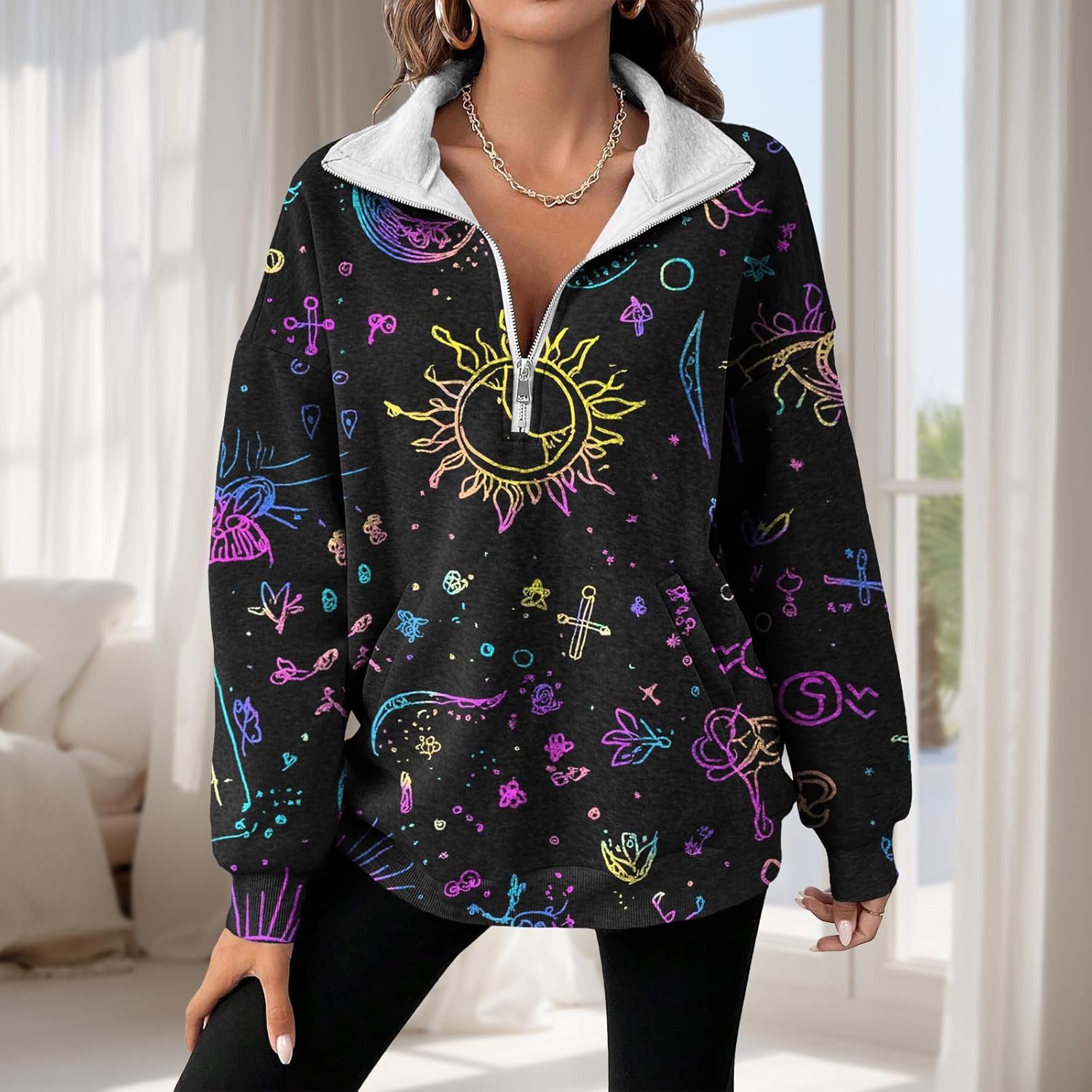 Womens Half Zip Pullover Fashion Novelty Pullover Loose Long-Sleeve Sweatshirts Comfy Fashion Street Wear - Image 2