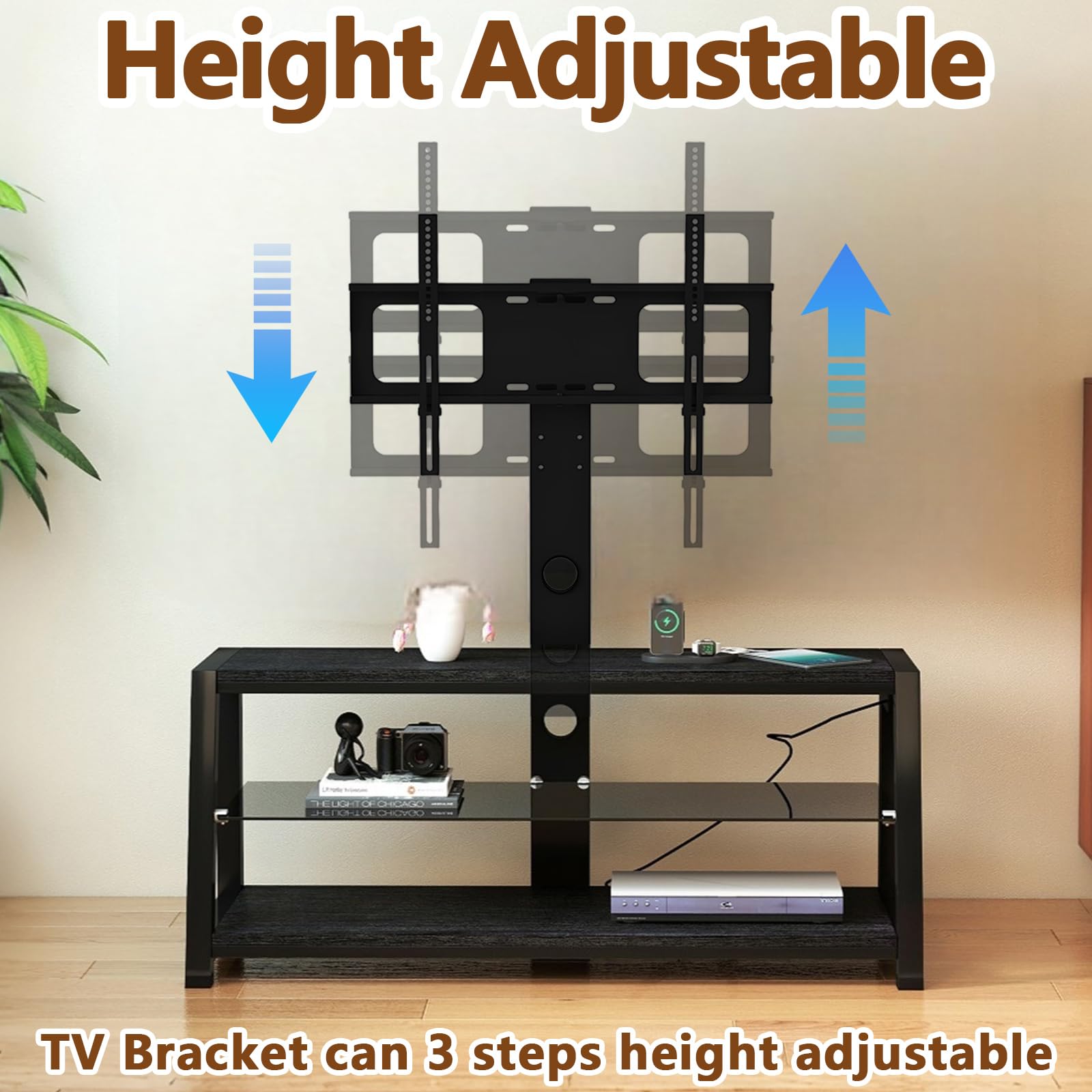 TV Stand with Mount for 32-65 inch TVs, Wood TV Stand with Storage for Bedroom Living Room, Small Entertainment Center with Power Outlet, 3 Shelves, Adjustable Height (Black)