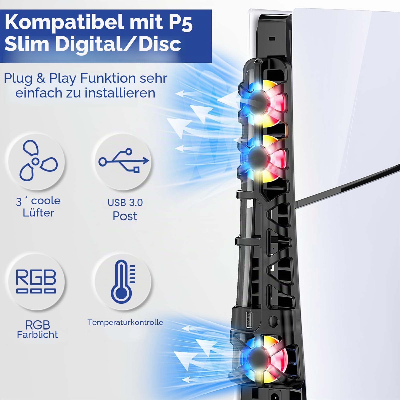 FASTSNAIL LED Lüfter für PS5 Slim Konsole, Leiser Kühler mit Speicherfunktion, Zubehör mit 3 Lüftern & USB 3.0 Port kompatibel mit Playstation5 Slim Digital & Discs Edition（Farbe LED）