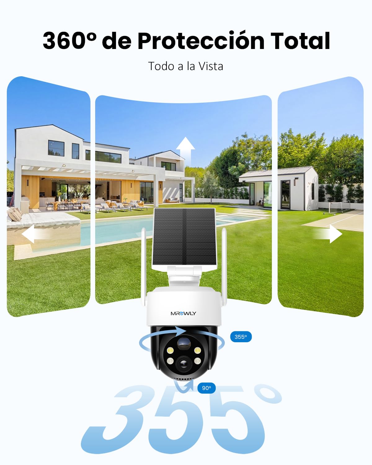 2PCS Mrowly 2K Camara Vigilancia WiFi Exterior Solar, Camara de Vigilancia con Batería Recargable, 3MP Vision Nocturna Color, 360°PTZ, Detección de Movimiento PIR, 2.4GHz, IP65