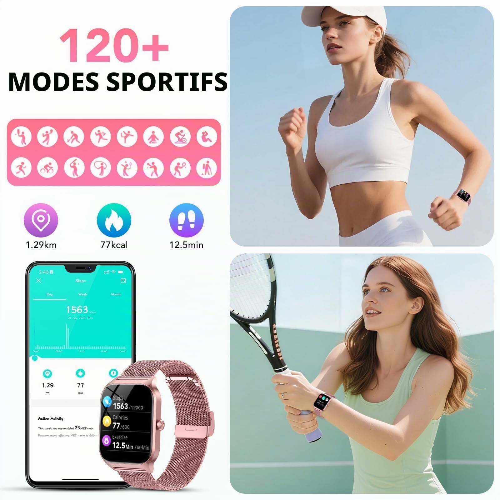 CASCHO Montre Connectée Femme avec Appel Bluetooth, 1.85" HD Smartwatch Femme avec Fréquence Cardiaque/Sommeil/SpO2, 120+ Modes Sportifs, IP68 étanche, Fitness Tracker Watch pour Android iOS-Or Rose