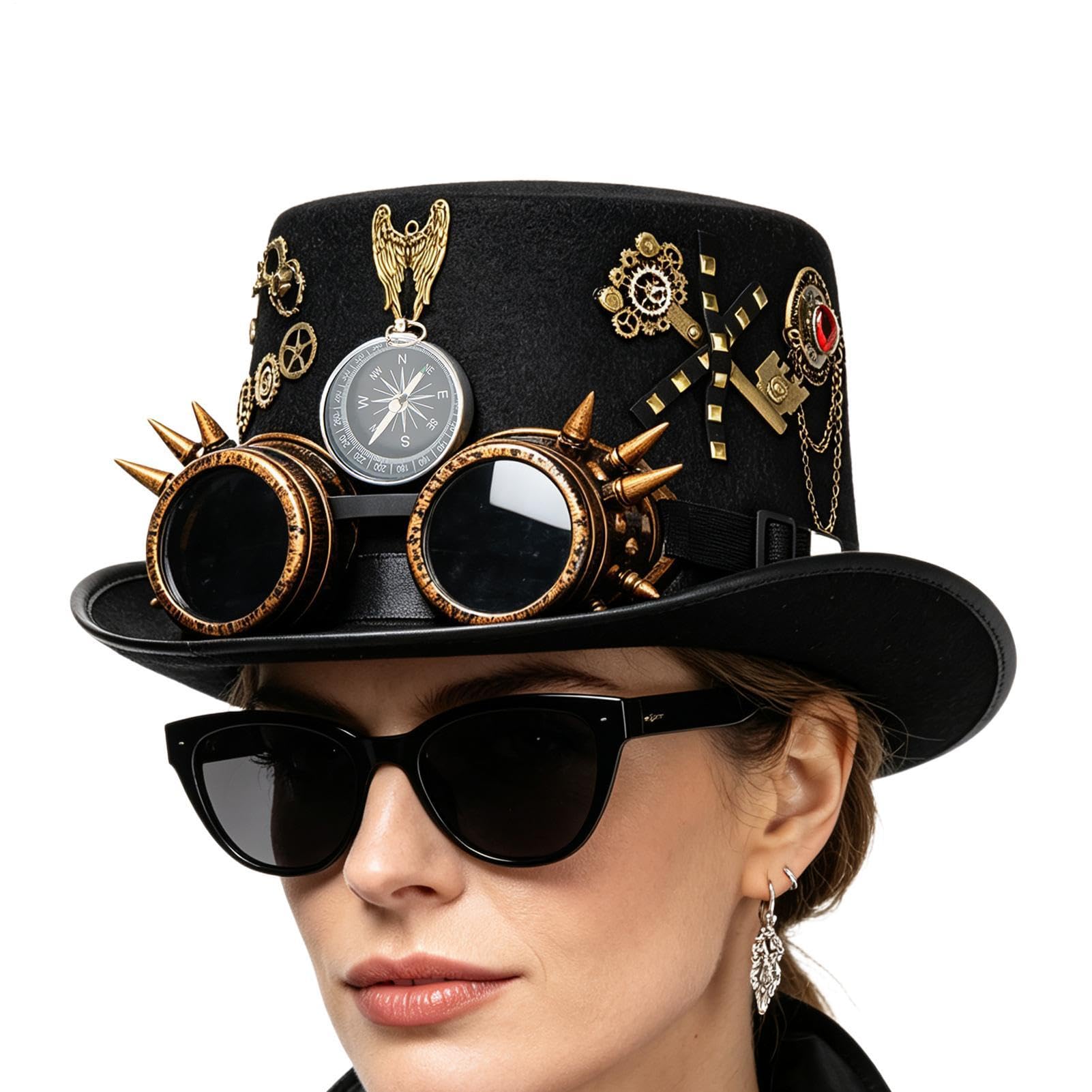 Sombrero Steampunk Tocado Gótico Portátil De Fieltro Unisex Con Gafas
