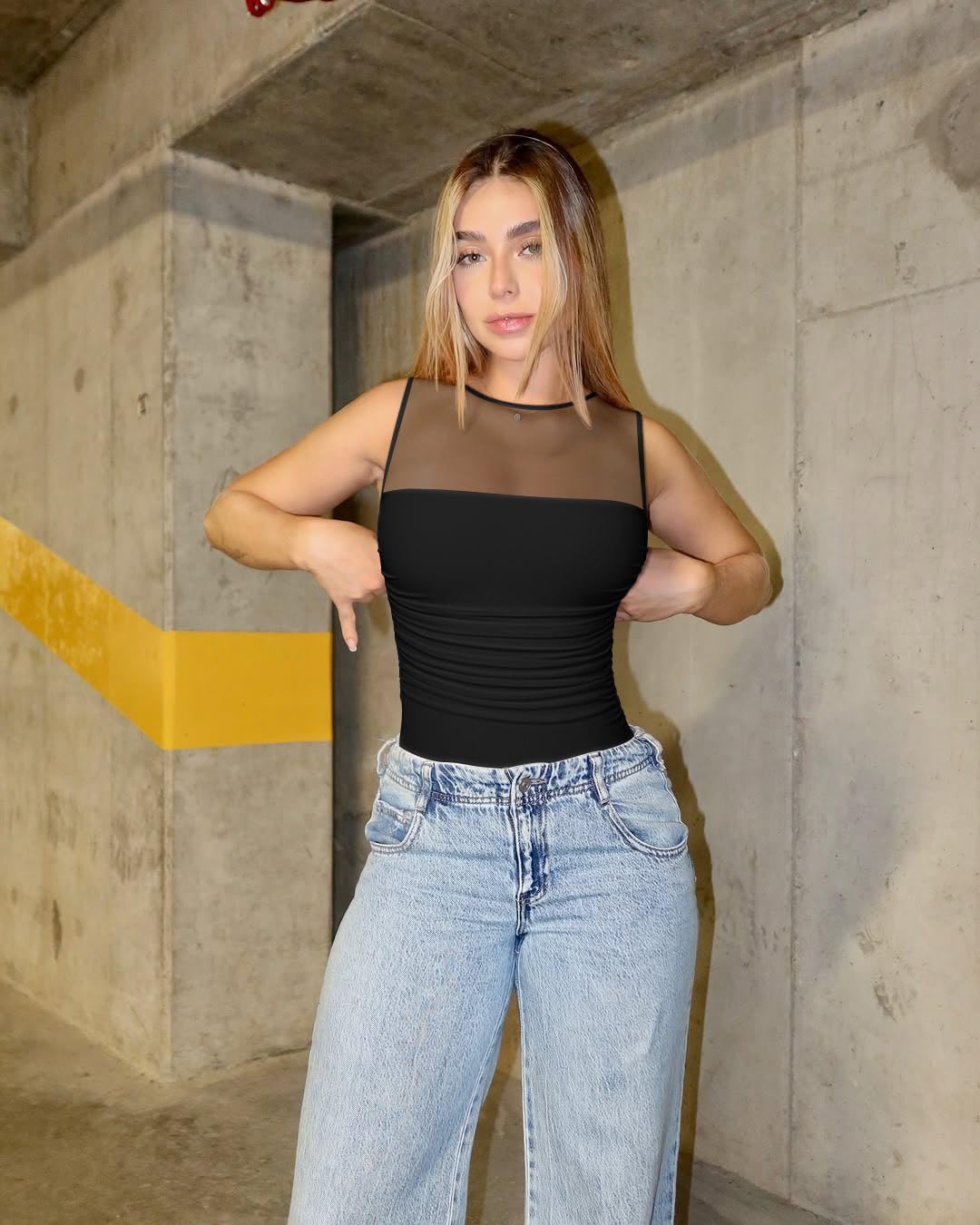 OQQ Women 2 Piece Bodysuit Mesh Ruched Sleeveless Turtle Neck Shapewear Body Suits One Piece Leotard Shirt Going Out Tops - Image 6