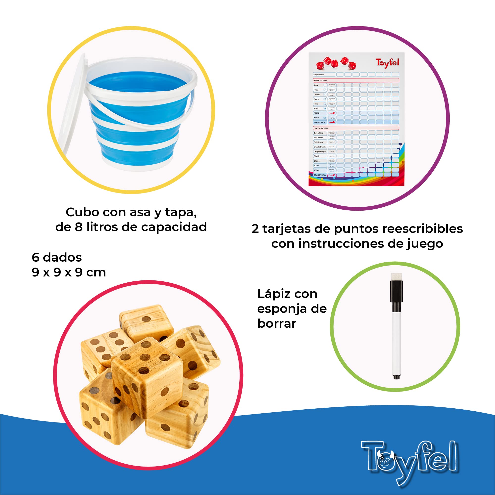 Toyfel XXL Juego de Dados Madera de Pino FSC® Interior y Exterior | 6 Enormes 9cm Cubo Plegable Tablero Limpiable y Pluma para Niños y Adultos gigantes pizarra gigantes mesa familiar Chuck
