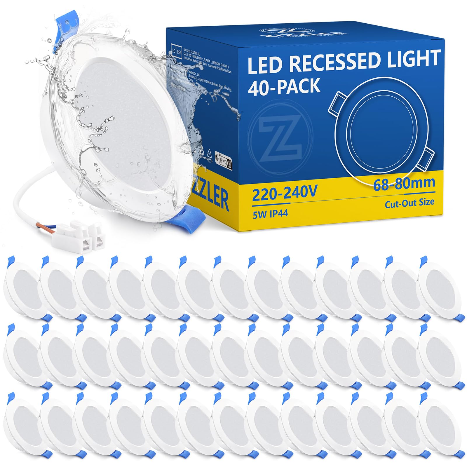 ZIZZLER 40er Set LED Einbaustrahler Spots 230V Flach 68-80mm Lochmaß, Neutralweiß Deckenspots, IP44 Einbauleuchten für Badezimmer Feuchtraum, 5W 4000K Einbauspots für Küche Schlafzimmer Wohnzimmer