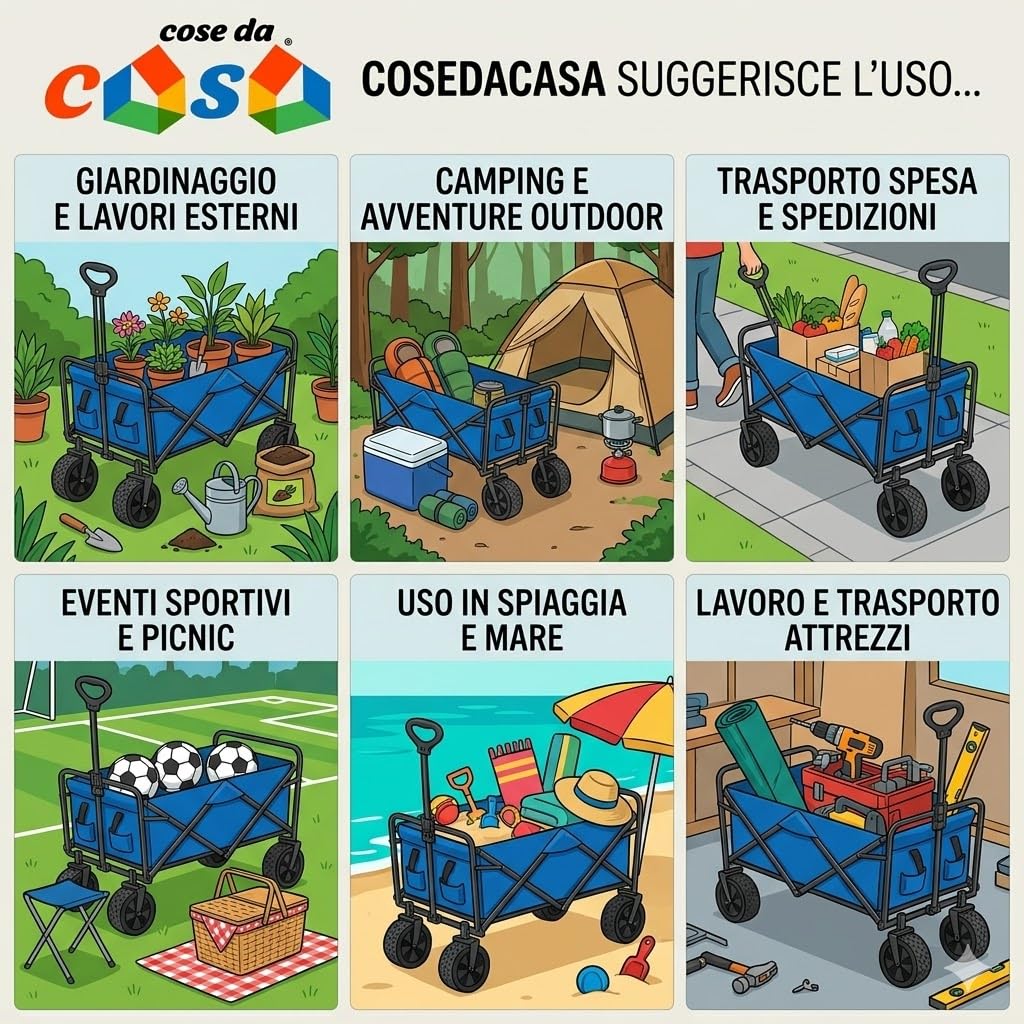Carrello trasporto cose Pieghevole Multiuso da Giardino e Spiaggia Portata 100kg 4 ruote Struttura richiudibile in Acciaio e Tessuto Oxford blu Tempo Libero carriola vano cm 52x 88