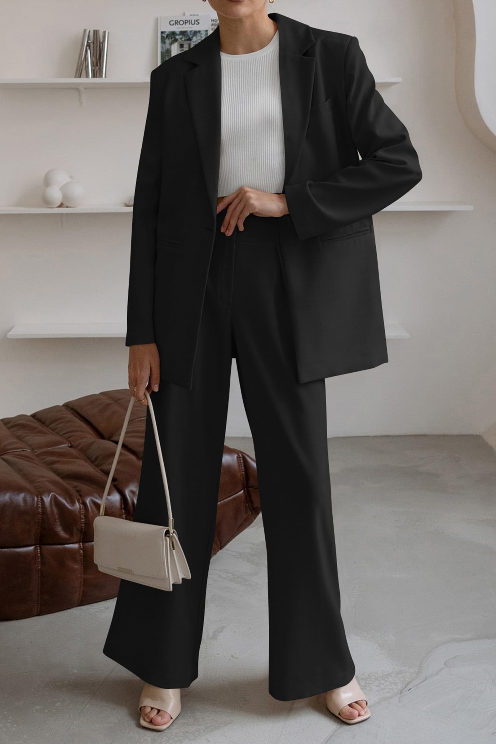 Elegancki damski garnitur biznesowy, 2-częściowy, jednokolorowy, slim fit, odświętny, dwuczęściowy kostium z marynarką i spodniami, szerokie nogawki, modny, do noszenia na co dzień, w paski, sportowy