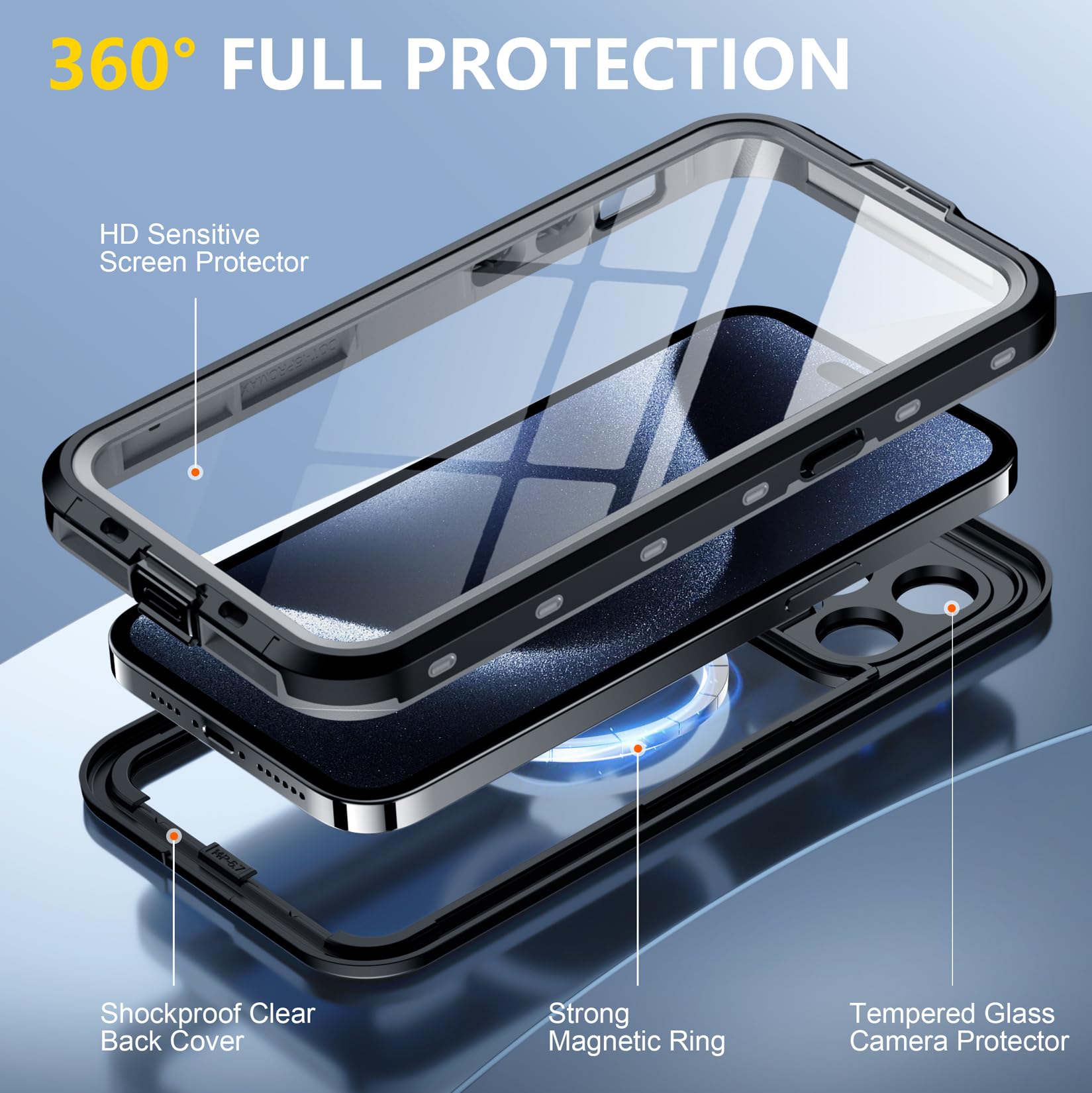 Red2Fire Schutzhülle für iPhone 15 Pro Max, wasserdicht, integrierter Displayschutz und Kameraschutz, kompatibel mit MagSafe, stoßfest, IP68 wasserdicht, staubdicht, 17 cm (6,7 Zoll), schwarz