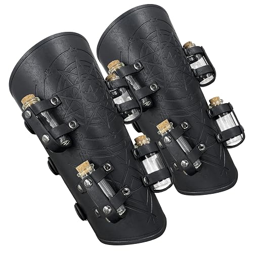 HiiFeuer Medieval Embossed Alchemy Bracers with 8 Cork Vials, Fantasy Faux Leather Buckle Arm Guards Magic Archer Gauntlets - Black a