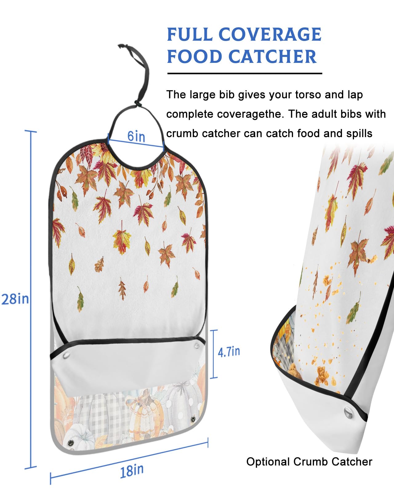 Thanksgiving Fall Adult Bib for Eating with Crumb Catcher,Washable & Waterproof Terry Cloth Adjustable Elderly Women Men Adult Bibs Funny Clothing Protector Orange Pumpkins Maple Leaves Sunflower