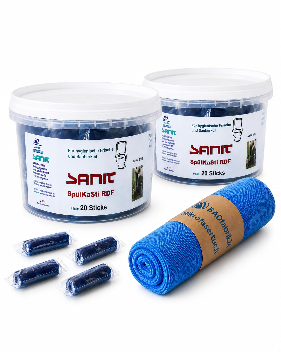 Sanit Spülkastensticks RDF blau 40 Stück + Mikrofasertuch