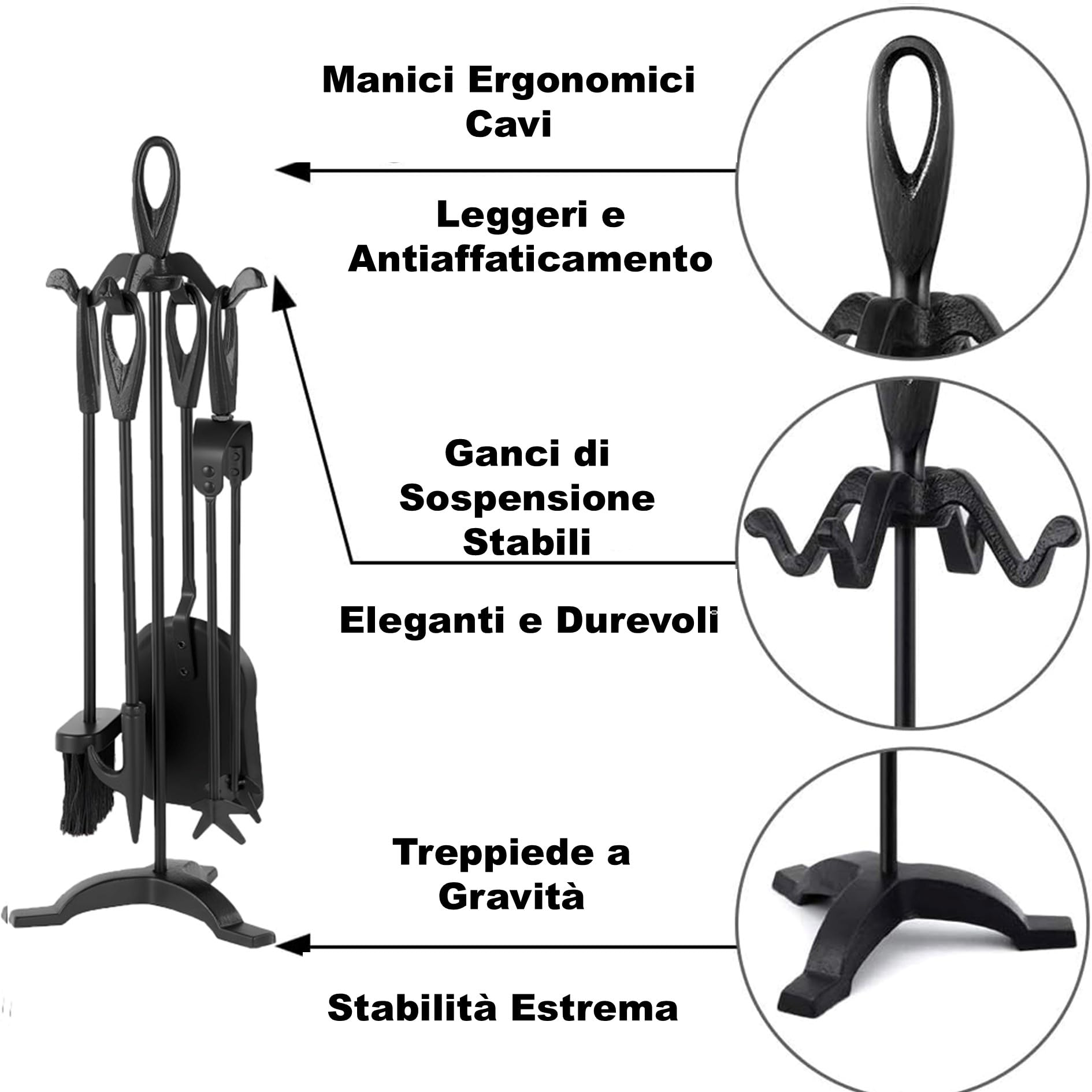 Amagabeli 5 pezzi 64 cm Set di strumenti per camino in ferro battuto nero e accessori per caminetto per interni Portalegna camino pinza da fuoco pala spazzola vecchio camino poker stufa a legna