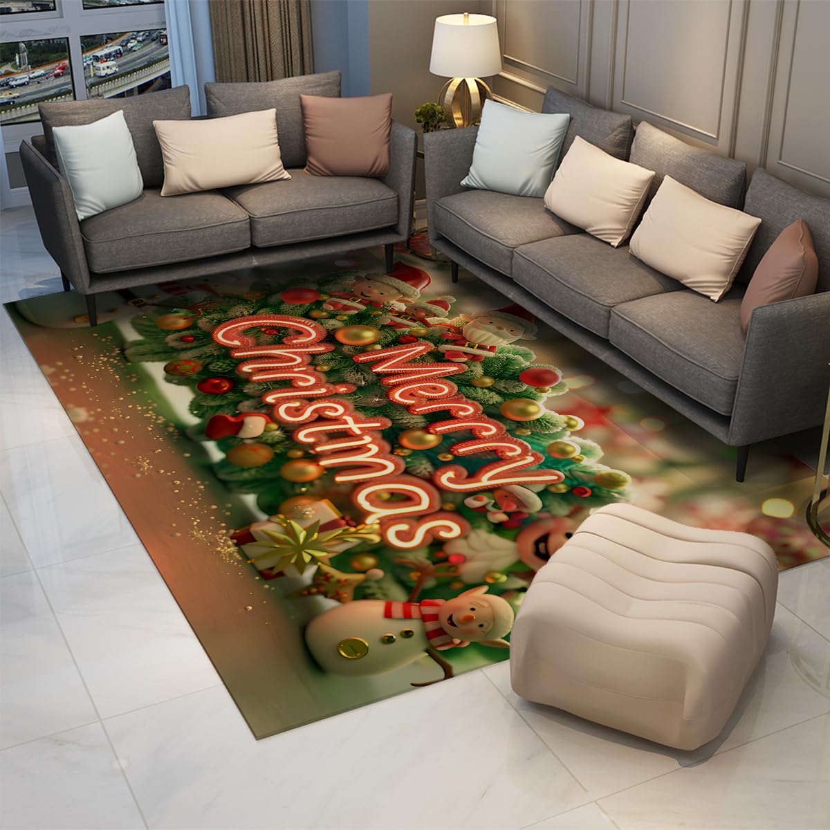 Wesołych Świąt Bożego Narodzenia 90 x 180 cm Dywan Kolorowe Bombki Boże Narodzenie Wzór Świętego Mikołaja Przytulne Dywany Podłogowe Zmywalne Pod Stos do Salonu i Sypialni