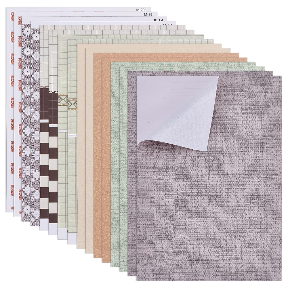 OLYCRAFT 16 Pcs 8 Styles Miniature Dollhouse Wallpaper Self-Adhesive PVC Dollhouse Wallpaper Modle House Floorboard Paper Sticker Self Adhesive Textured PVC Wall Stickers for Model House Room Decor