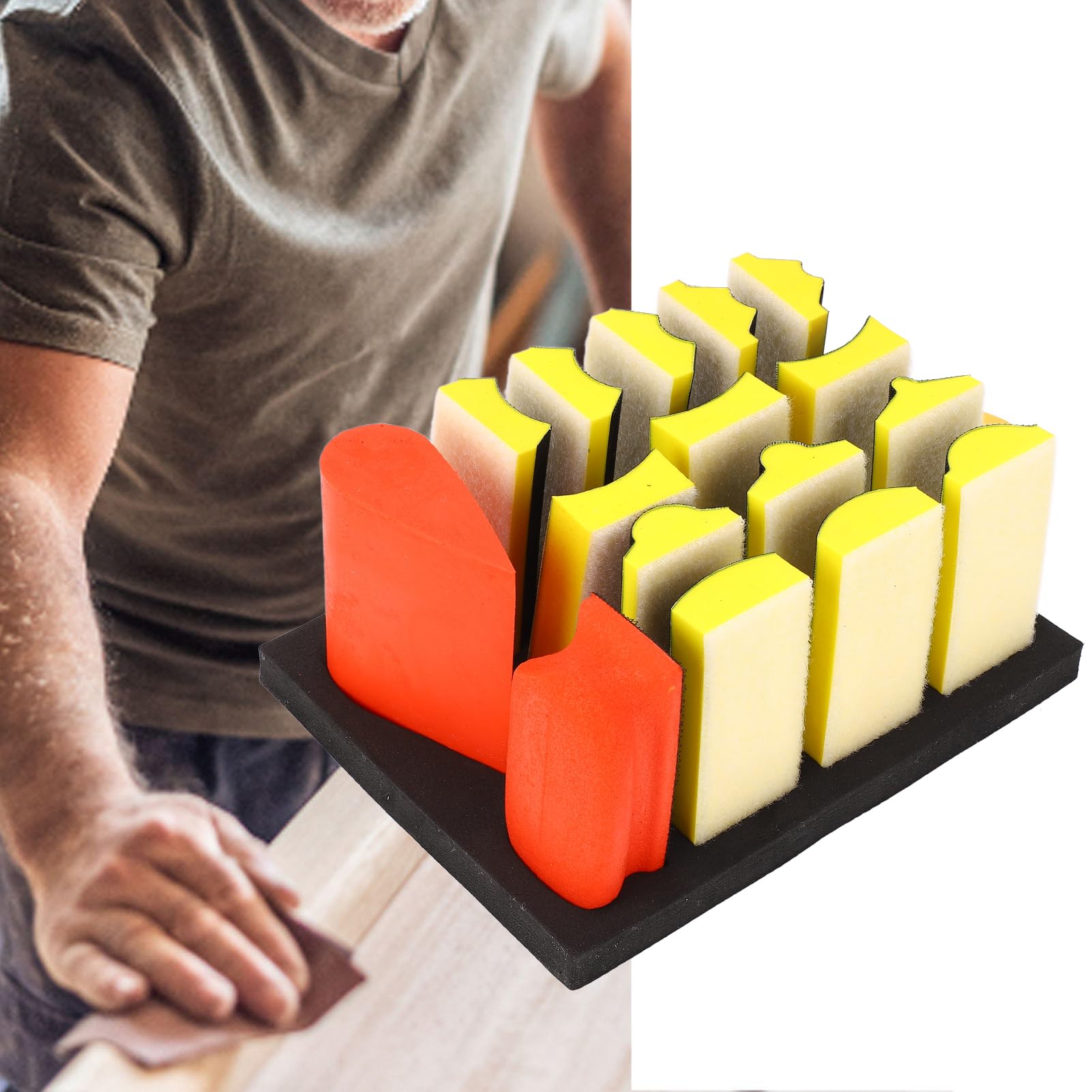 Set di 16 blocchi per levigatura a mano, tamponi abrasivi sagomati assortiti, autoadesivi, per lucidare superfici curve, per la lavorazione del legno, per la smerigliatura delle