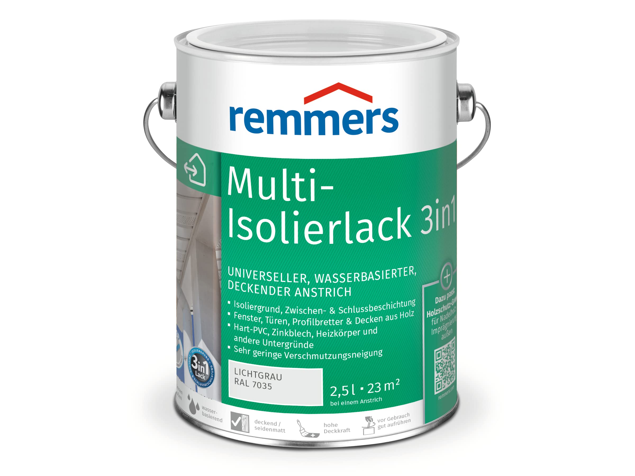 Remmers Multi-Lack 3in1 lichtgrau (RAL 7035), 2,5 Liter, Wetterschutzfarbe, Metallschutzlack & Buntlack auf Wasserbasis für Holz, Metall & PVC
