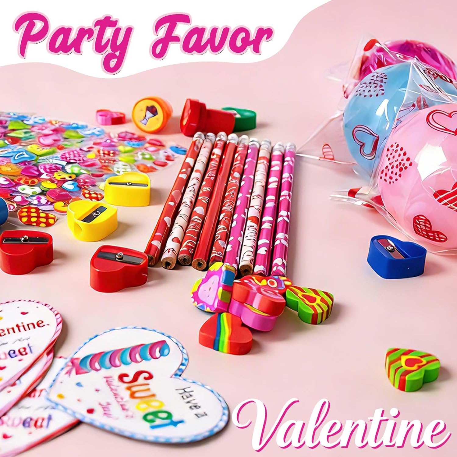 Valentines Day Gifts for Kids - 24 Pack Giant Lollipop Valentines Kit with Cards Slap Bracelets Pencils Stickers Erasers Stampers Sharpener for Classroom Exchange School Boys Girls Party Favors