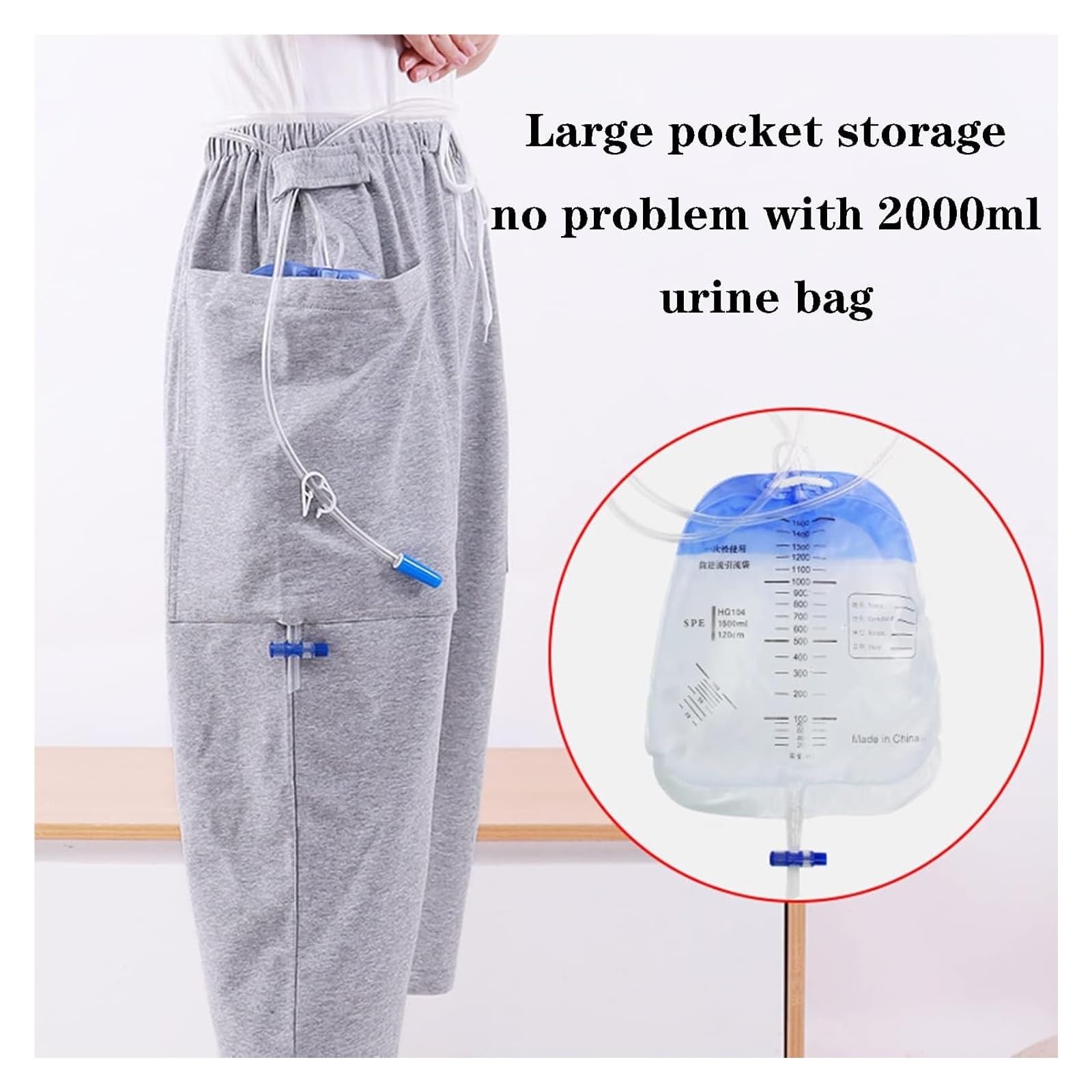 Catetere esterno for uomo, pantaloni con sacca gamba con catetere, biancheria intima, abbigliamento quotidiano anziani, biancheria intima, borsa urostomia adatta con sacca 2000 ml,(XL)