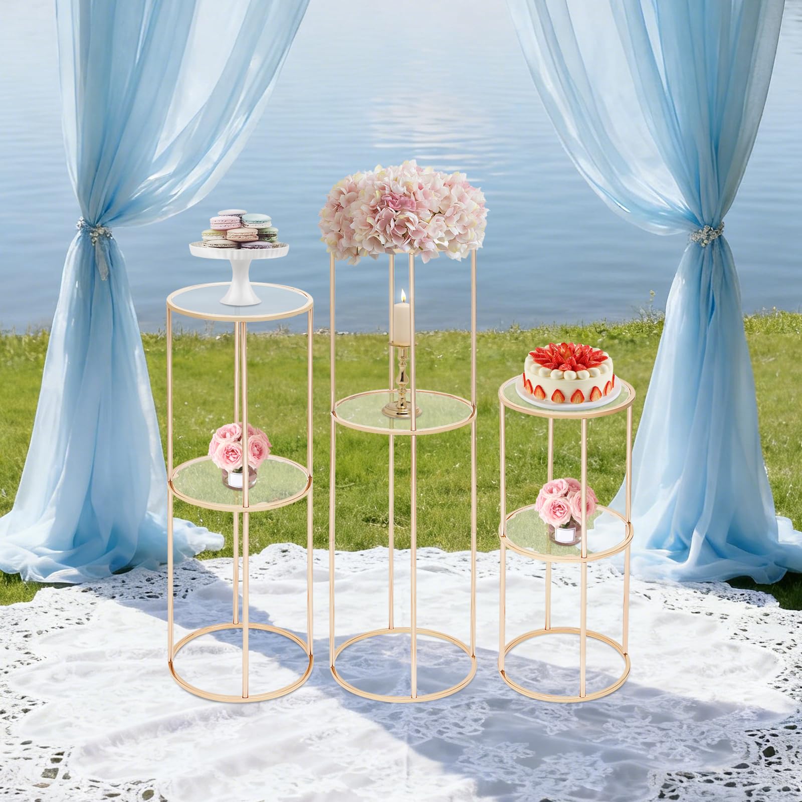 Lussuoso supporto per fiori di matrimonio, set da 3 pezzi, 100,80,60 cm, in metallo e acrilico con piastre in acrilico, moderno, per decorazioni rustiche, matrimoni, feste, eventi (oro)