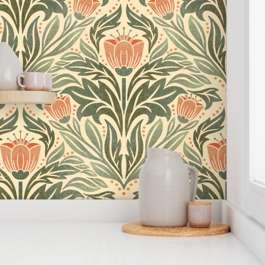 Spoonflower Removable Wallpaper Swatch - Block Print Floral Orange Tulip Damask Rustic Farmhouse Flowers Green Leaves Custom Pre-Pasted Wallpaper