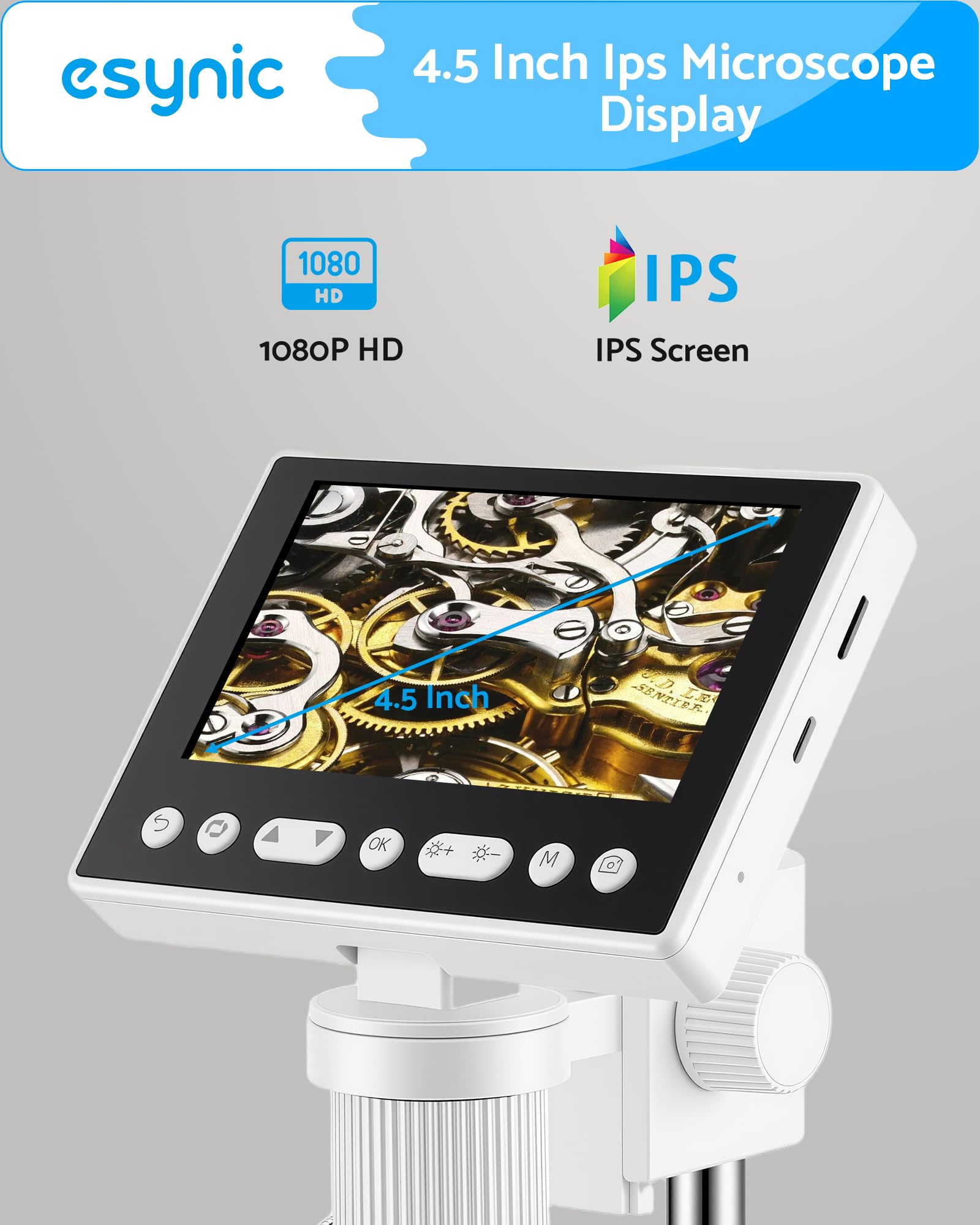 eSynic Digitales Mikroskop, 1080P, 11,4 cm (4,5 Zoll) Bildschirm, 5 x 1000 x Münzmikroskop, Löten, USB-Mikroskop, Kamera, Geschenk für Kinder und Erwachsene, mit 32 GB SD-Karte, 8 LEDs und 2