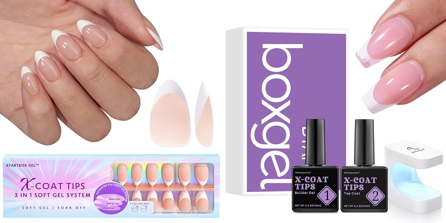BTArtboxnails Soft Gel Nail Tips Builder Gel - XCOATTIPS French Series French Tip Press on Nails, Short Almond Press On Nails Long Lasting 15ml Builder Gel with Portable Nail Lamp