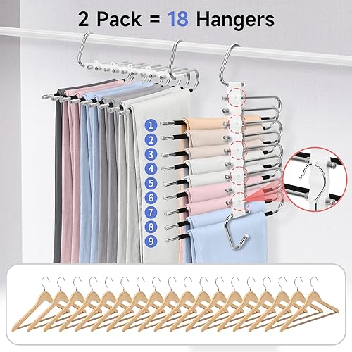 Miniatura 2 de SAN LIKE Paquete de 2 perchas para pantalones de 9 capas que ahorran espacio, de acero inoxidable, 20 clips fijos, antideslizantes,