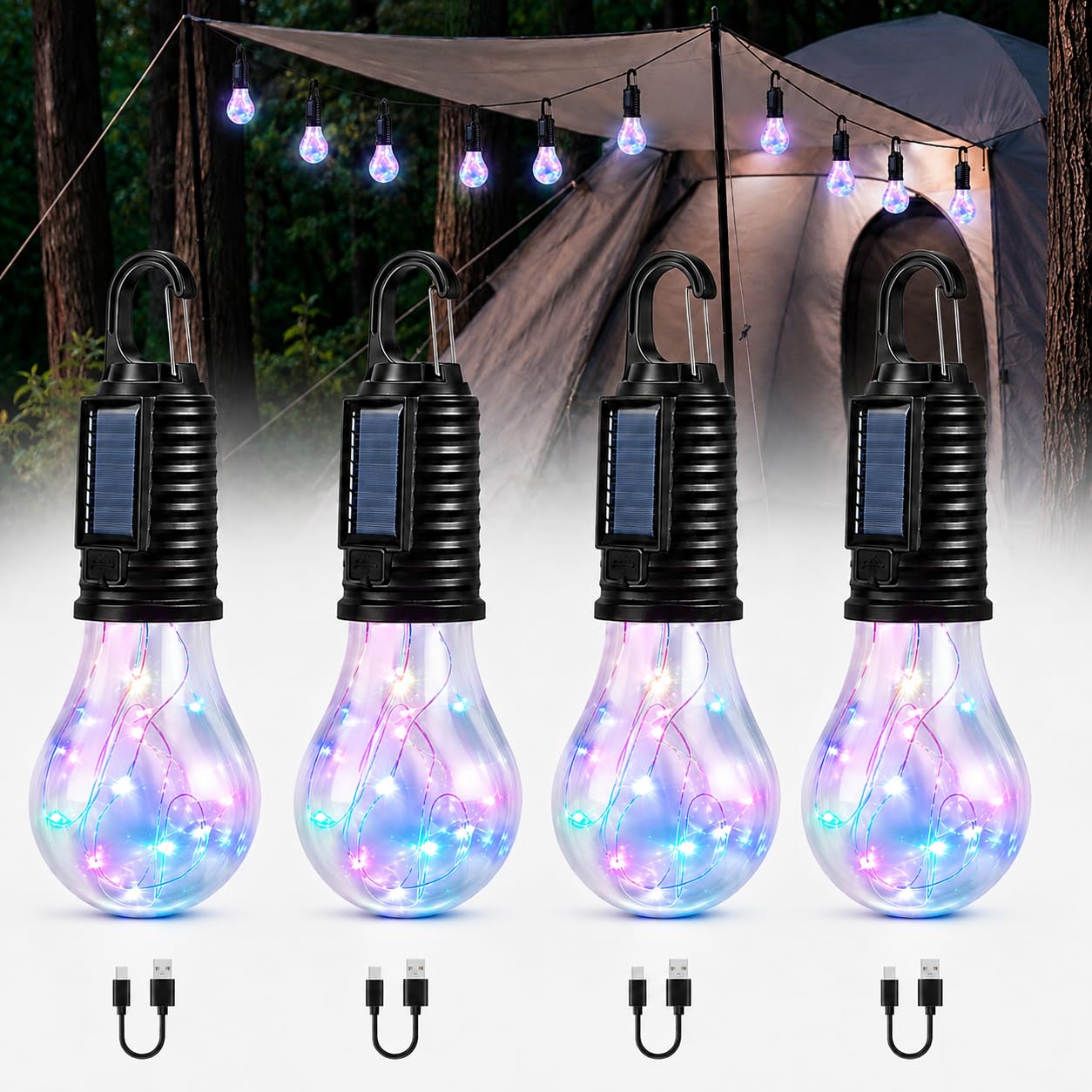 Rechargeable Camping Lanterns for Tent, USB C Solar Colour Changing Camping Lantern, IPX4 Waterproof Hanging Tent Light, Portable Battery Powered Camping Light for Fishing, Garden Party, Picnic