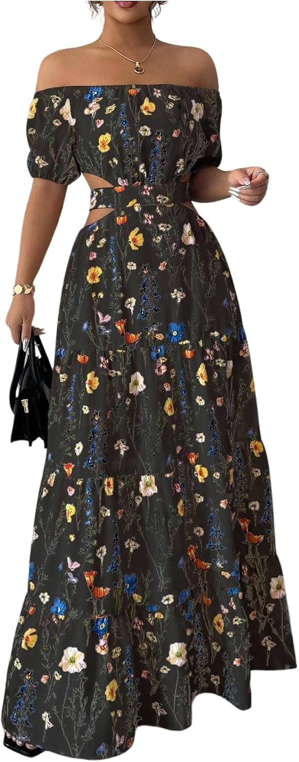 OYOANGLE Women's Floral Print Off The Shoulder Short Sleeve Boho Maxi Dress Cut Out Ruffle A Line Dresses