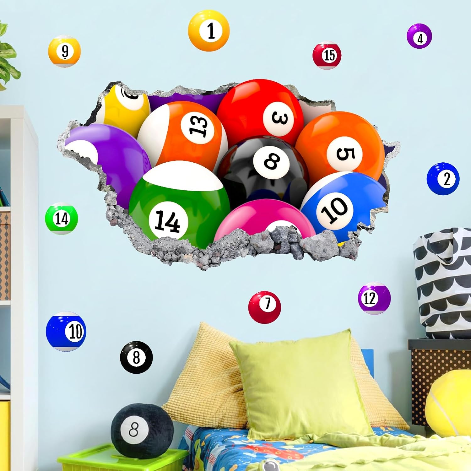 Billiards 3D Wall Stickers Decor Sport Ball Wall Sticker for Boys Pool Room Decor Large Billiards Wallpaper Graphic Balls Wall Art Mural Decals for Kids Bedroom Toddlers Playroom Decoration