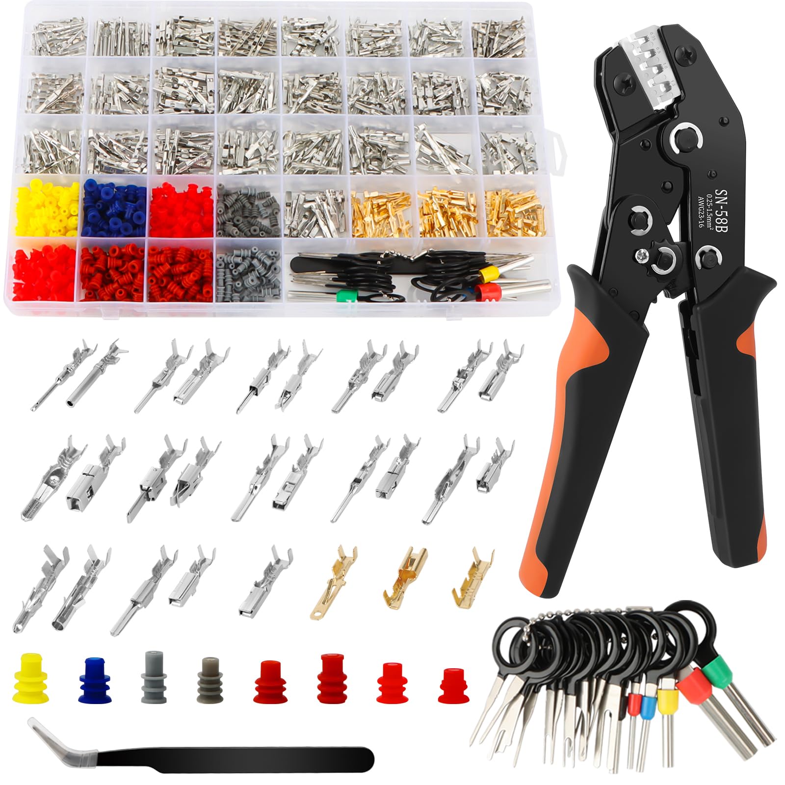 Kit connettori elettrici per auto 969 pezzi con crimpatrice SN-58B, terminali 1,0–3,5 mm, tappi di tenuta e 18 strumenti di estrazione per auto e moto
