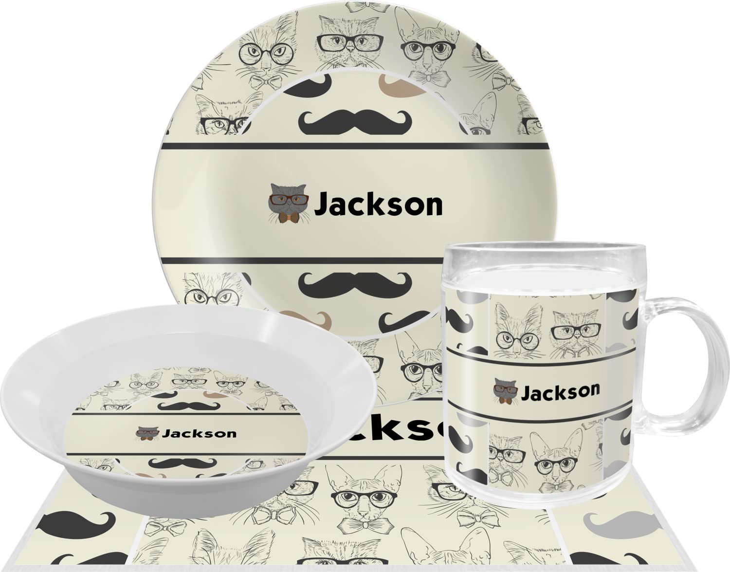Personalized Hipster Cats & Mustache Melamine Bowl - 12 oz