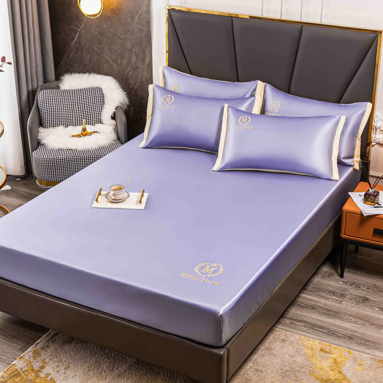 JIANINGHOME Sábanas de Seda 150x200, Sábana Ajustable de Seda Hielo, Juego de Tres Piezas de Sábana Bordada de Seda Hielo Pura, Sábana Ajustable de Seda Hielo