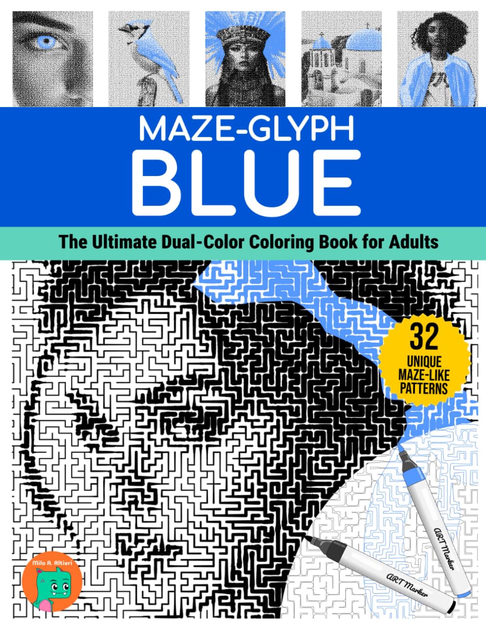 Maze-glyph Blue: The Ultimate Dual-Color Coloring Book for Adults