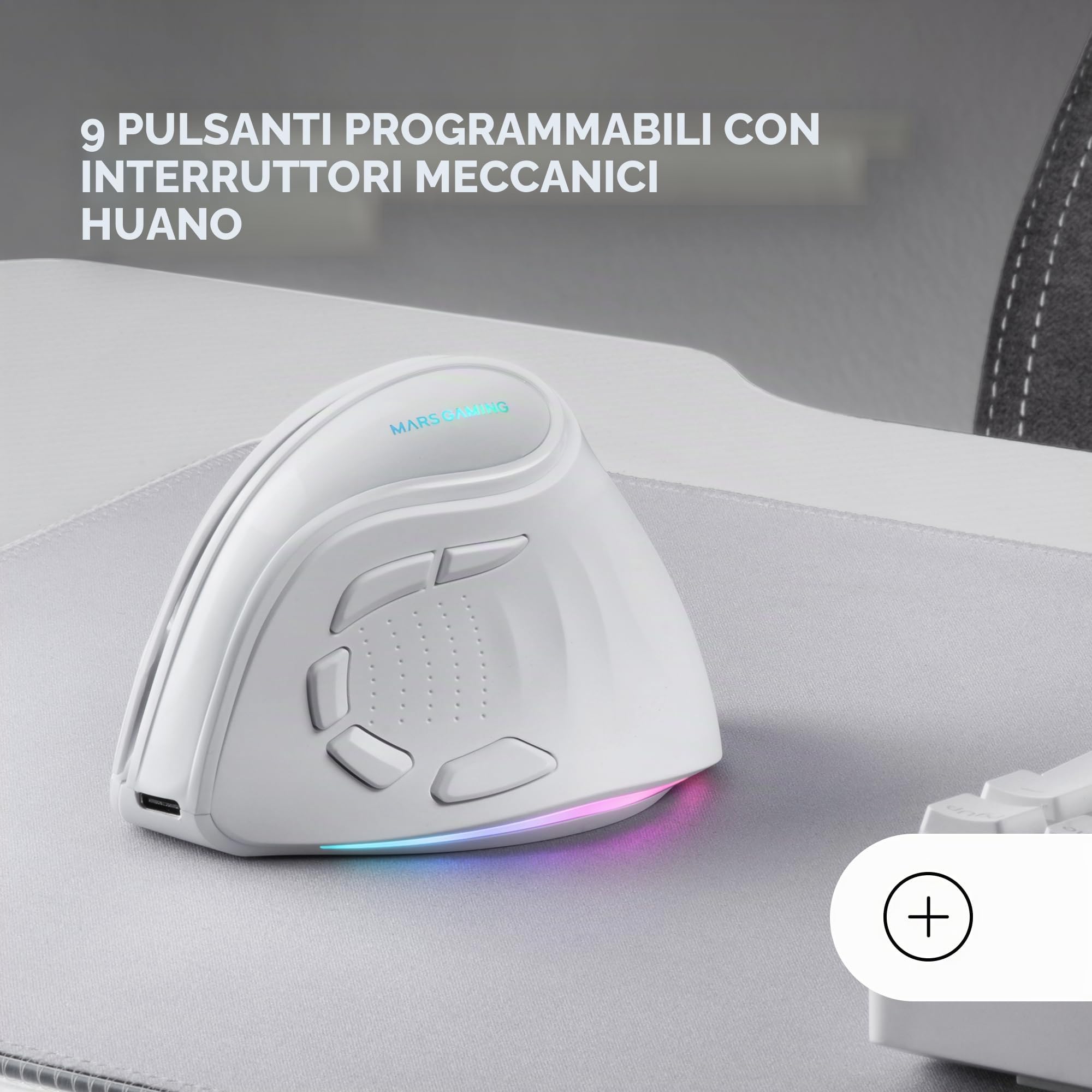 Mars Gaming MM-SK, Mouse Gaming Wireless Verticale, Design Ergonomico, Illuminazione RGB Chroma, Sensore Ottico Pixart 8400DPI, Switch Meccanici Huano, 9 Pulsanti Programmabili, Mouse Tri-Mode, Bianco