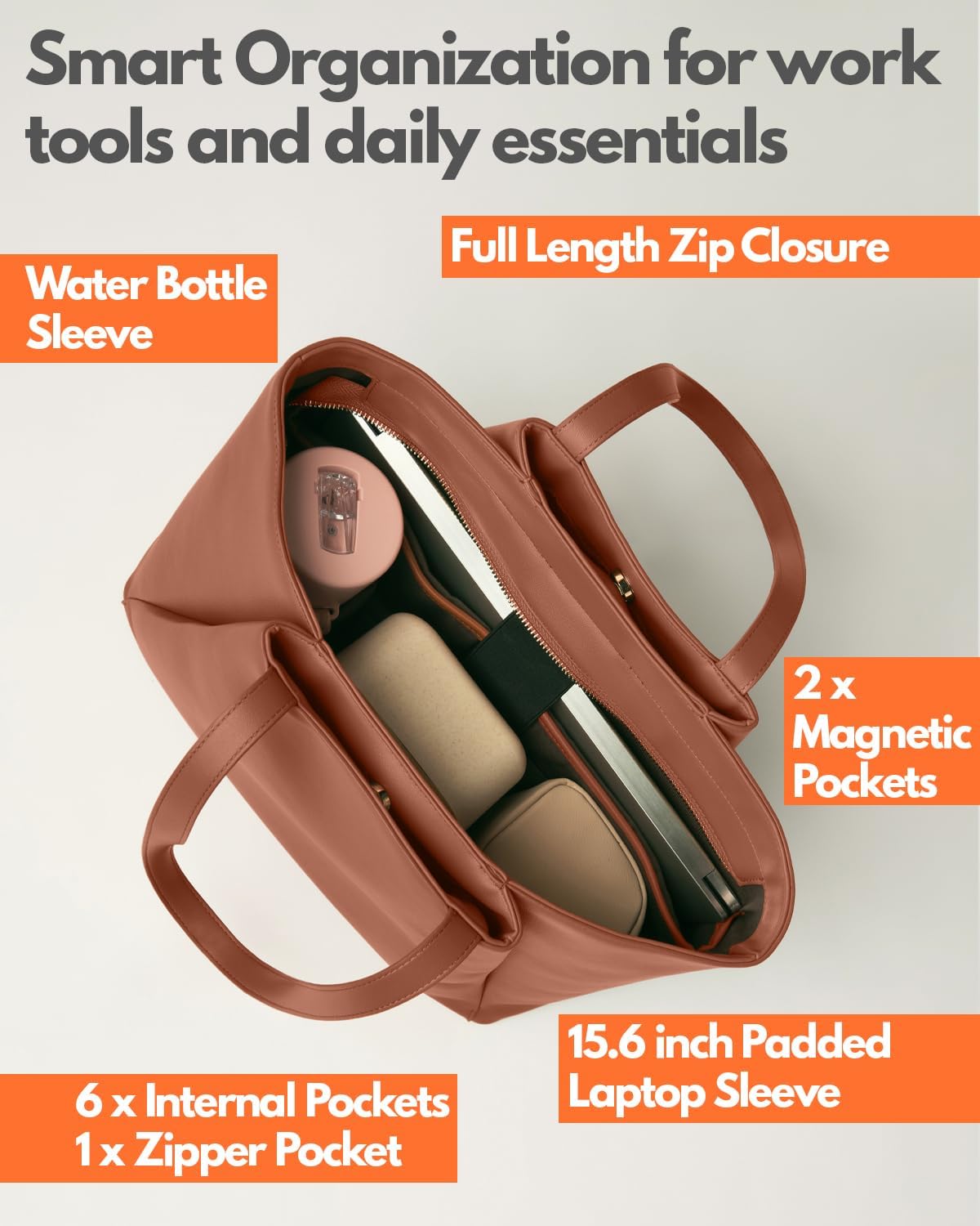 Work Tote Bags for Women 15.6 Inch - Laptop Tote Bag with Zip Compartments - Large PU Leather Office Purse Computer Briefcase - Image 4