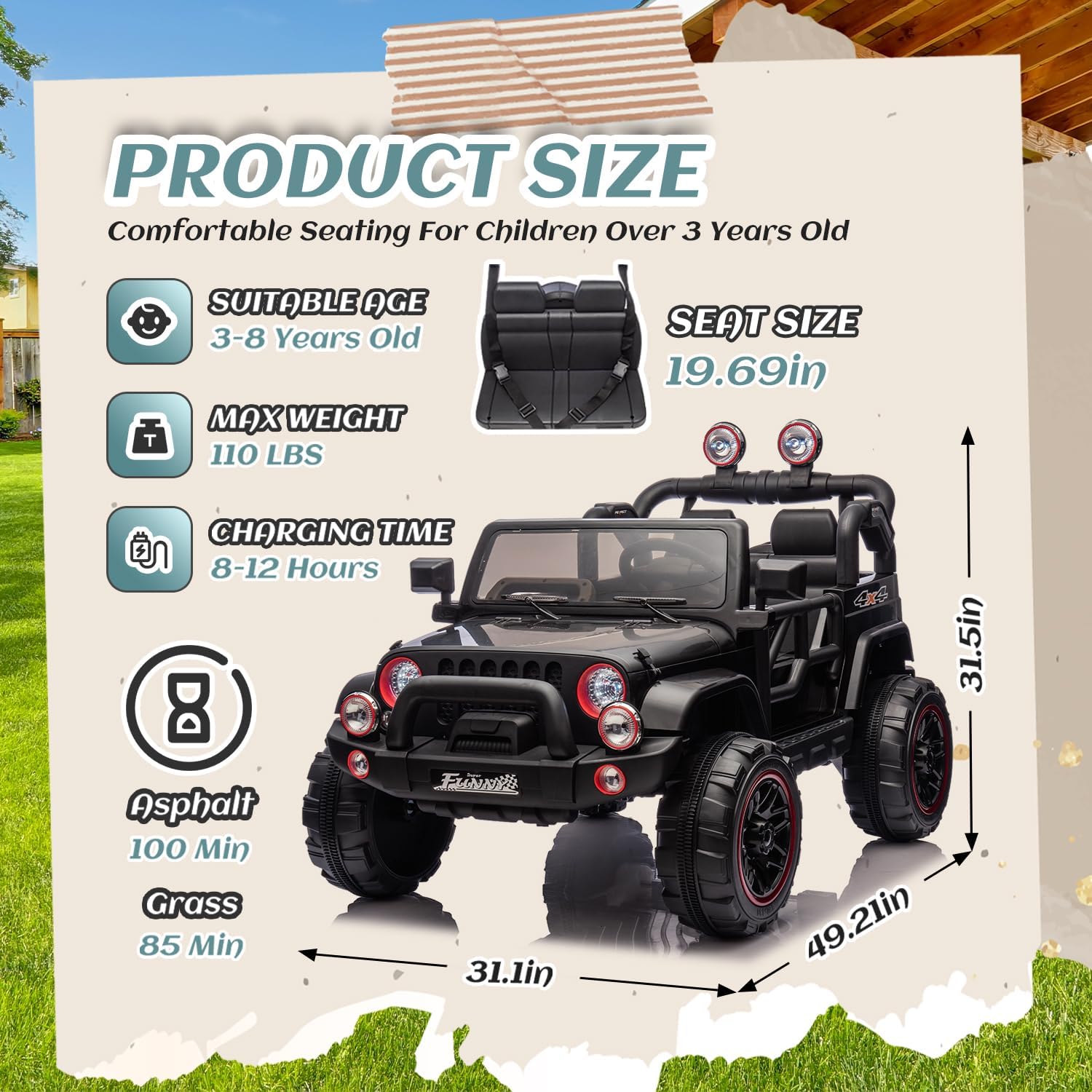24V Ride on Toys with Width Seat, Ride on Car with Remote Control, Kids Ride on Truck Car for Kids, Rear Suspension, Portable Pull Rod, Light, Trunk Storage, Bluetooth, USB, 2.5-4MPH (Black)