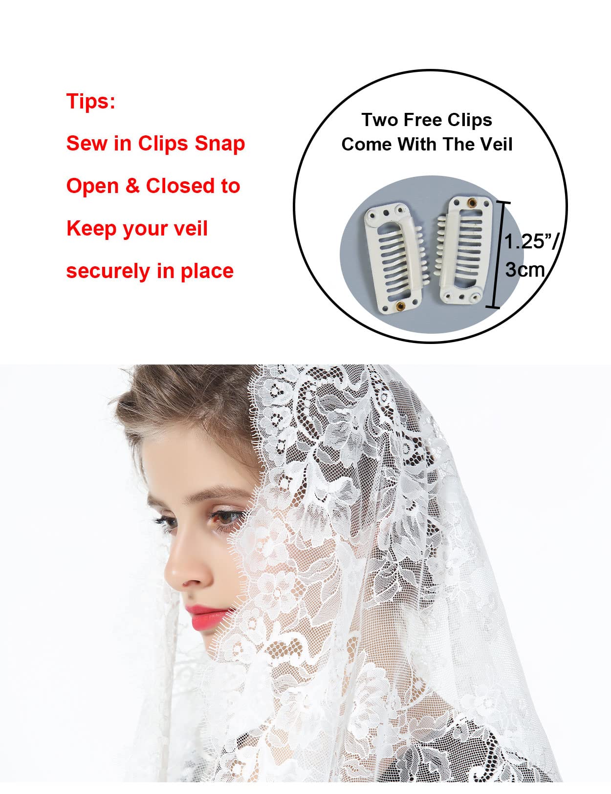 BEAUTELICATE Velo di Pizzo da Sposa Chiesa Cattolica Mantila Infinito Sciarpa Copricapo per Messa In Latino Nero Bianco V101
