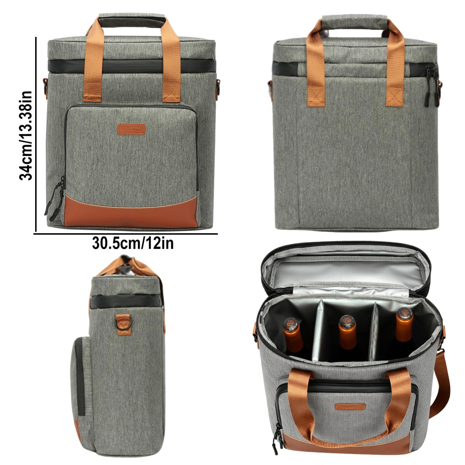 3 Bouteilles Bouteille de Vin et Champagne, Sac Isotherme Bouteille Vin avec Compartiments Amovibles et Bandoulières – Idéal Cadeau,Vin,Tourisme,Bateau,Noël,Pique-Nique,Camping(Grey)