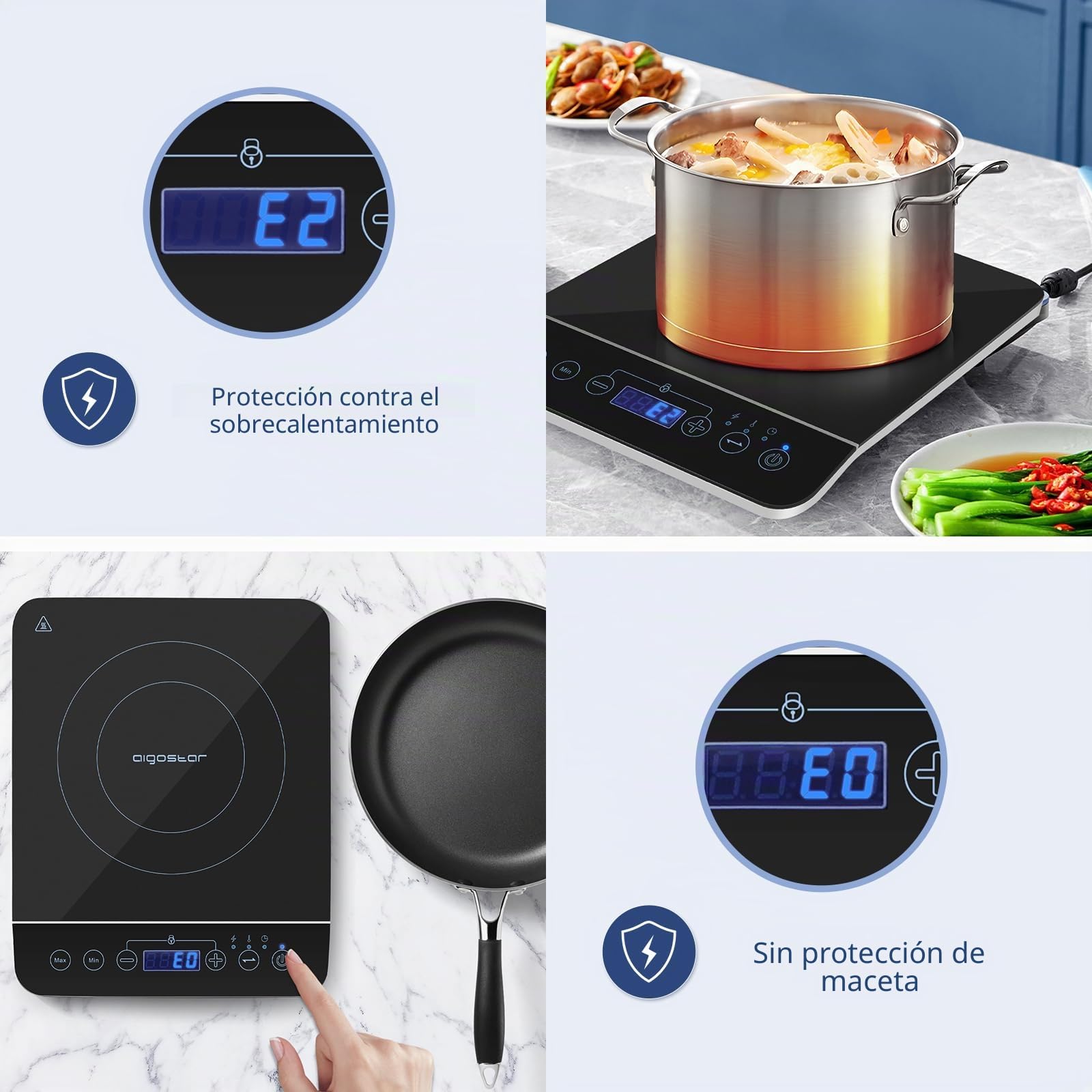 Aigostar BlueFire 30PKZ- Placa de inducción portátil, 2000 W, control táctil, 10 niveles de potencia, temporizador, pantalla digital LED. Para recipientes entre 13 y 24 cm diámetro.